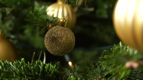 Glittery Gold Christmas Ornaments Hanging on Green Tree