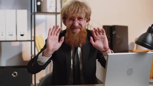 Businessman Working on Laptop Showing Stop Gestuge Danger Rejection Warning Crisis Prohibition