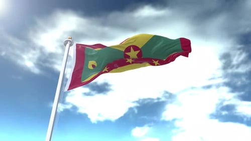 Grenada Flag Waving Animation with Realistic Sky Background