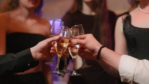Group Cheers Champagne Glasses Together in Celebration