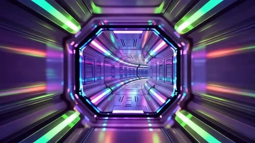 Corridor de science-fiction au néon coloré, mouvement à grande vitesse