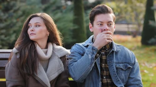 Cheerful Caucasian Couple Lovers Family Sit Closely on Bench in Autumn Urban Park Young Handsome Guy