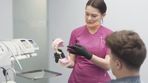 Female Dentist Explains Male Patient Procedure with Artificial Model of Teeths in Dental Clinic. Her