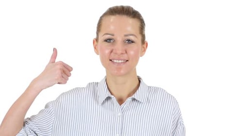 Smiling Woman Giving a Thumbs Up on White