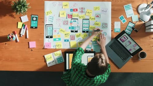 Top view of developer working on tablet and writing Ux Ui design. Convocation.
