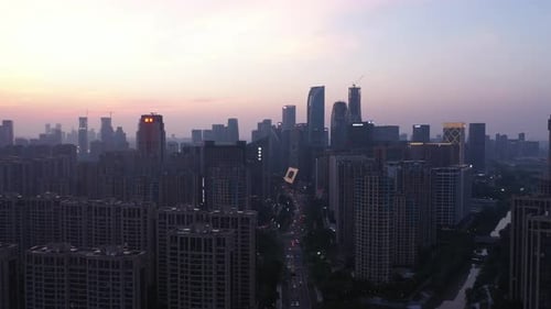 Aerial View of a Bustling City with Modern Skyscrapers Hangzhou China