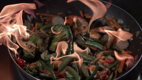 Shrimp and Vegetable Stir Fry on Fire