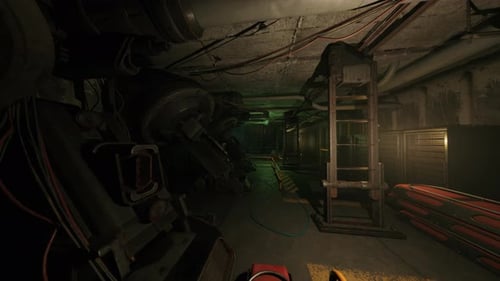 Confined Crisis Fixing Corridor with Caution Signs and Active Lights