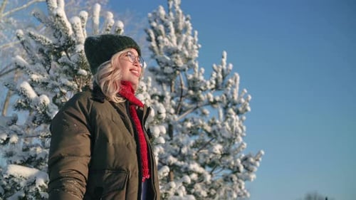 Portrait of Charming Young Woman in Forest in Christmas Vacation Happy Girl Smiling and Enjoying