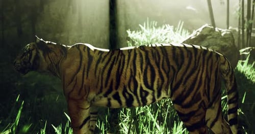 Un tigre majestueux se promène dans une forêt ensoleillée le matin
