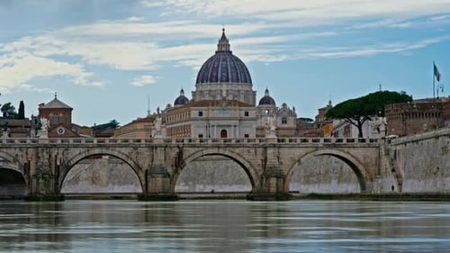 St Peter's Basilica Sant Angelo Bridge at Sunny Day Vatican Rome Italy Timelapse