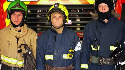 Three Firefighters Standing in Front of Fire Engine