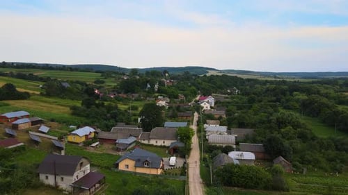 Rural Village Houses and Distant Green Cultivated Agricultural Fields with Growing Crops