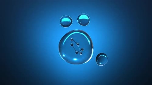 Animated Molecular Structure in Blue Liquid Bubbles