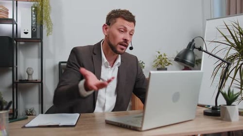 Businessman Working on Laptop Wearing Headset Call Center Support Service Operator Office Helpline