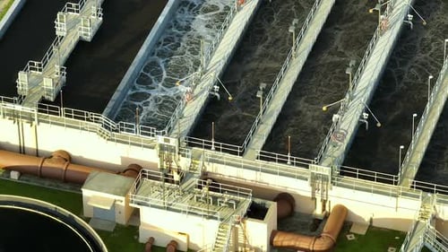 Aerial View of Modern Water Cleaning Facility at Urban Wastewater Treatment Plant