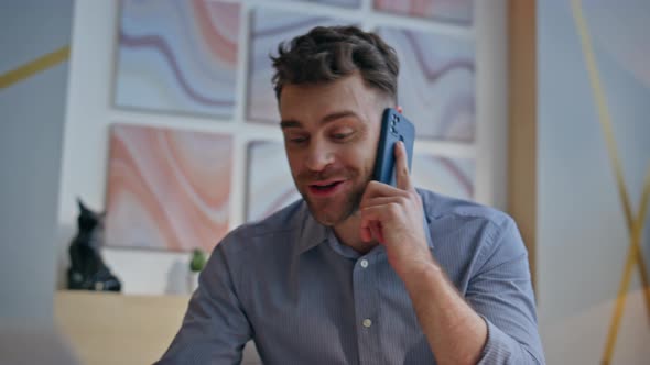Closeup Excited Winner Calling Mobile Phone Sitting Office Happy ...