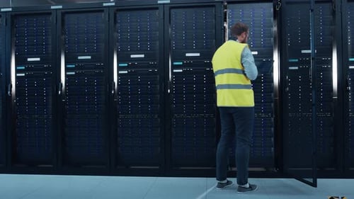 IT Engineer in High Visibility Vest is Working on Laptop in Data Center while Standing Before Serve
