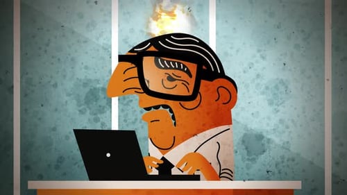 office worker with burnout and flames rising from his head while working on a computer
