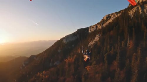 Paragliding Flight over Rocks in Autumn Mountains Freedom Adventure
