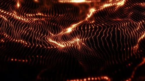 Abstract orange futuristic waves from a grid of particles lines glowing bright shiny neon digital