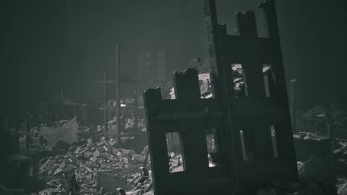 Desolate Urban Landscape Shows Remnants of Collapsed Buildings at Dusk