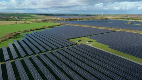 Aerial view of solar panels array, United Kingdom.