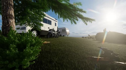 Camper Van and Motorcycle in Natural Landscape with Horses