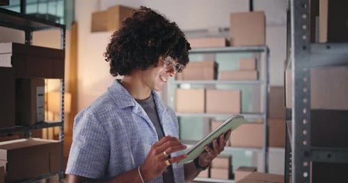 Shipping, tablet and man with stock inspection for logistics, supply chain and count boxes