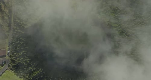 Aerial view of lush forest with fog and clouds, Portugal.