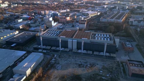 Ai datacenter building housing server infrastructure. Great aerial view drone