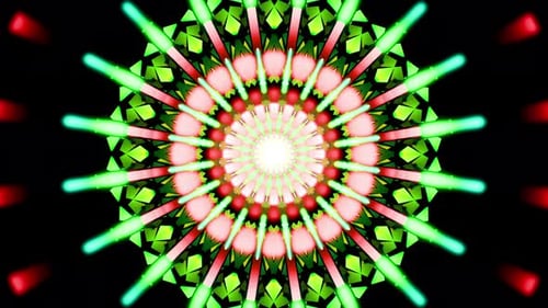 Kaleidoscope with green and red neon patterns randomly rotates and sparkles 3d render. Neon