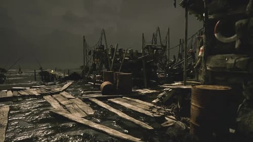 Misty Dawn Over Cluttered Fishing Wharf with Reflective Water