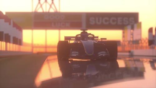 Animated Formula 1 Race Car on Track at Sunset with Success Message