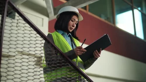 Asian Korean Woman Checking Building Plan Read Checklist Chart Construction Project Female Builder