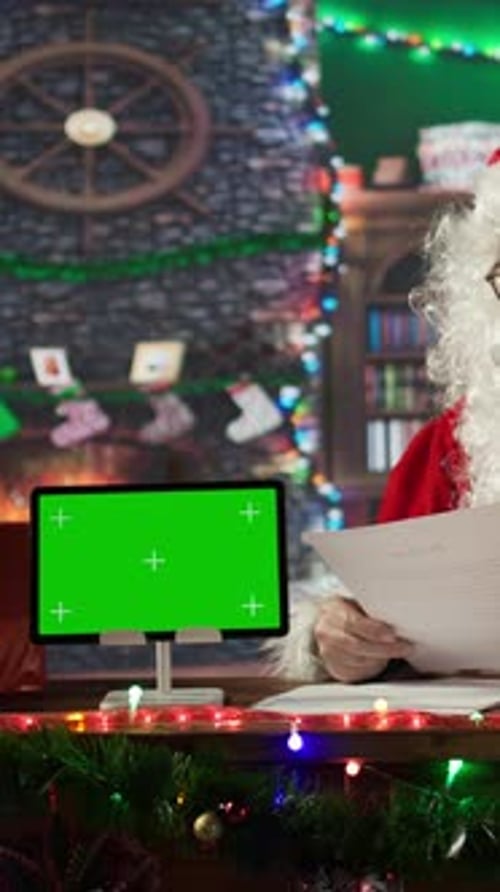Vertical Video Santa Claus Checking His Naughty or Nice List Next to Isolated Mockup