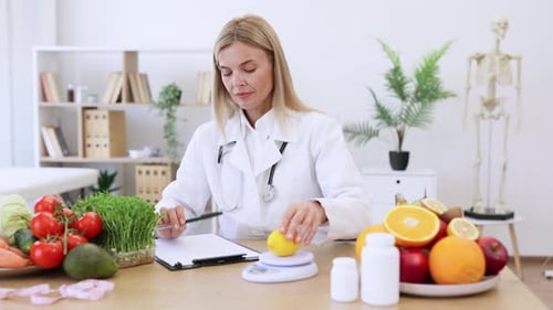 Nutritionist Weighing Fruit and Writing at Desk
