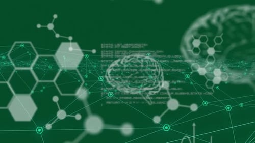 Digital animation of medical data processing and network of connections against green background