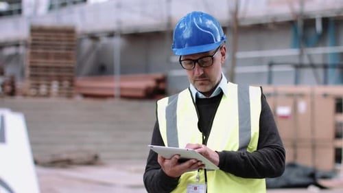 Construction worker digital tablet on construction site