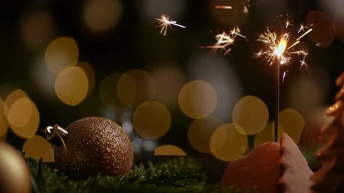 Christmas Still Life with Sparkler and Ornaments