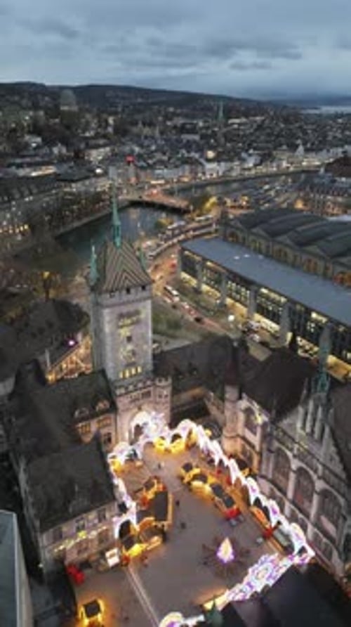Aerial video of the Swiss National Museum with the city of Zurich, Switzerland in the background