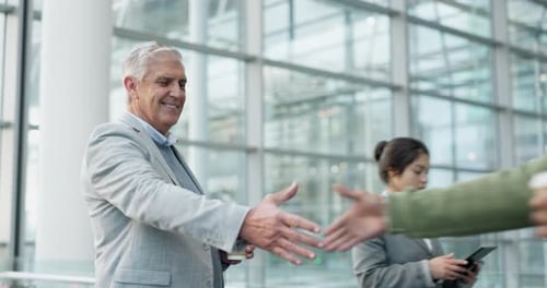 Corporate, men and handshake for welcome, greeting and agreement with hello, teamwork and coffee