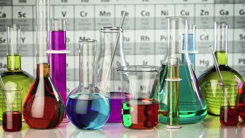 Chemistry Concept Test Glass Flask Vials and Colbs with Solution in Research Science Laboratory