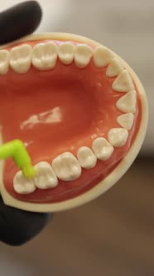 Dentiste faisant la démonstration du polissage des dents sur un modèle dentaire