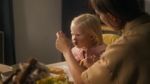 Woman feeding blonde child at table indoors