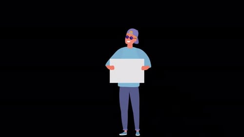 Man Holding Blank Banner Alpha Channel 4k