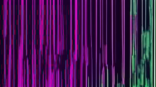 A purple and green striped background with a glitch effect