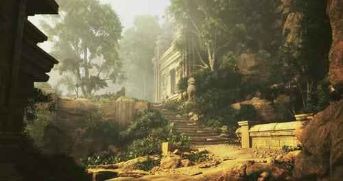 Ruines anciennes entourées d'une végétation luxuriante dans un cadre tranquille