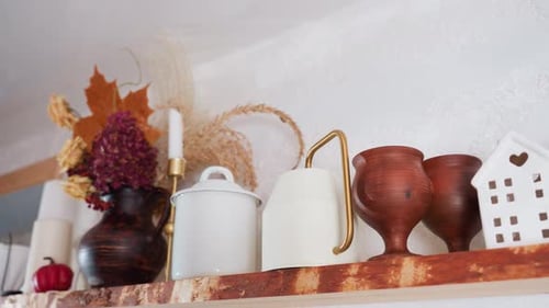 Cozy Rustic Home Decorations on Wooden Shelf