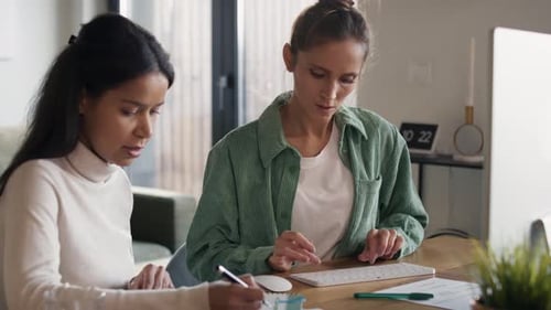 Two Women Working Together at Computer in Office